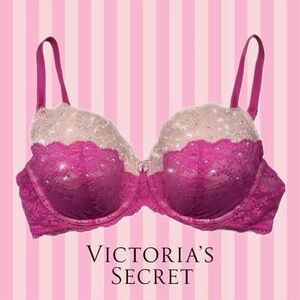 Victoria’s Secret, Dream Angels Pink Lace Crystal Studded Demi Bra 38D